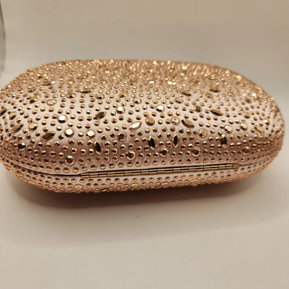 Olga Berg Faye Oval Hard Case Clutch  Rose Gold Tone Hotfix Rhinestone Bag A
